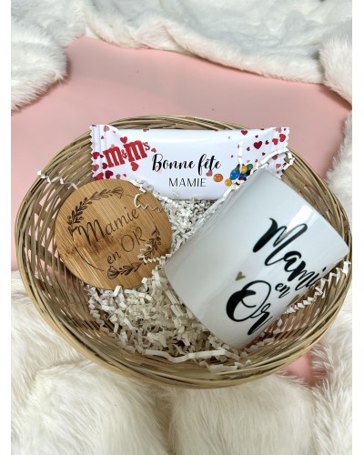 Coffret cadeau fête des mamies – Mug, sous-tasse & gourmandise – Idée personnalisée pour grand-mère