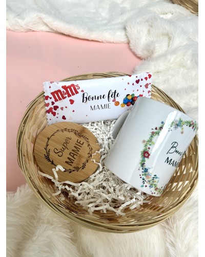 Coffret cadeau fête des mamies – Mug, sous-tasse & gourmandise – Idée personnalisée pour grand-mère