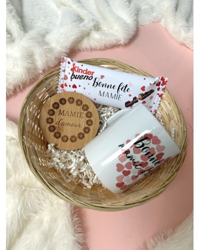 Coffret cadeau fête des mamies – Mug, sous-tasse & gourmandise – Idée personnalisée pour grand-mère