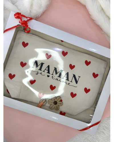 Box cadeau fête des mères – Porte-clé fleur bois, tote-bag & trousse “Maman je t’aime” – Coffret prêt à offrir