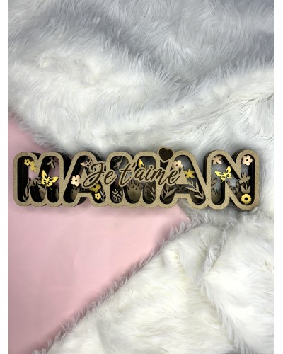 Décoration "Maman je t’aime" en bois MDF – Découpe laser multicouche – Neutre ou colorée – Cadeau fête des mères personnalisé
