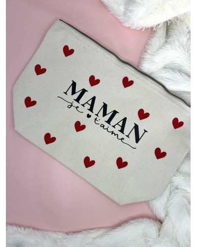 Trousse “Maman je t’aime” – Coton naturel avec cœurs en velours rouge – Cadeau personnalisé fête des mères