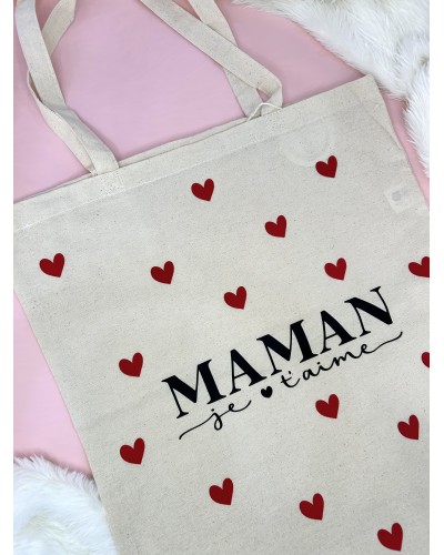 Tote bag “Maman je t’aime” – 10L coton naturel avec cœurs velours – Cadeau personnalisé fête des mères