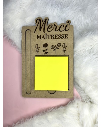 Support post-it en bois avec stylo – Merci Maîtresse / Merci Maître – personnalisable