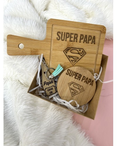 Mini box fête des pères – Planche à découper, porte-clés et décapsuleur en bois