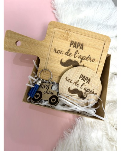 Mini box fête des pères – Planche à découper, porte-clés et décapsuleur en bois