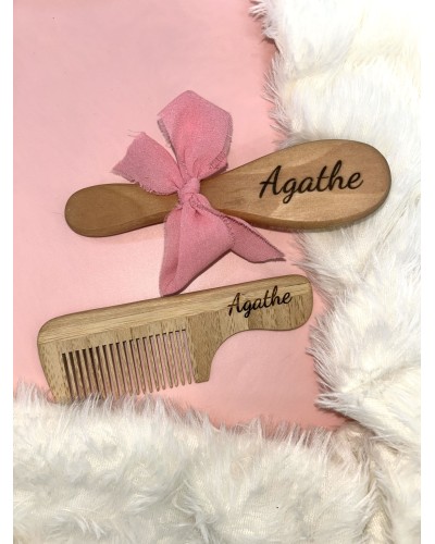 Duo brosse et peigne en bois personnalisable – Gravure prénom