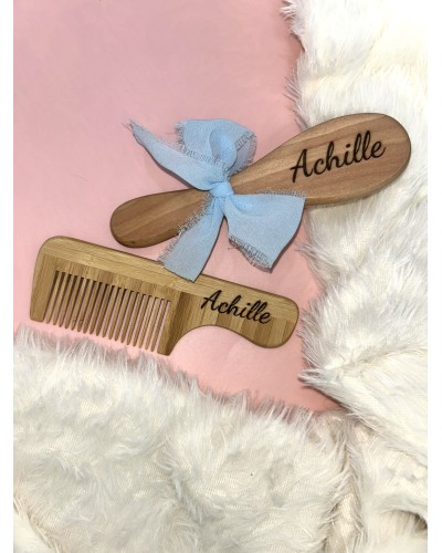 Duo brosse et peigne en bois personnalisable – Gravure prénom
