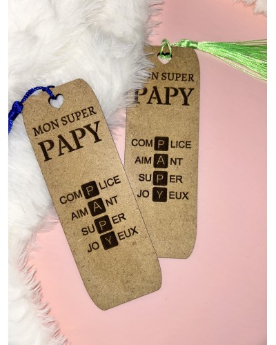 Marque-page en bois MDF 3 mm façon Scrabble – Mots composés à partir de « Papy »