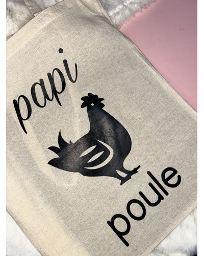 Tote bag en coton 10 L « Papi poule » avec dessin de poule – Pratique et plein d’humour