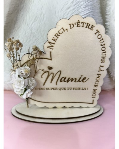 Plaque décorative en bois “Merci Mamie” – Avec fleurs décoratives
