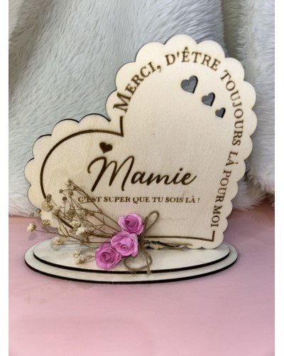 Plaque décorative en bois “Merci Mamie” – Avec fleurs décoratives