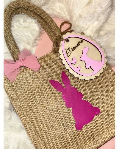 Mini sac de Pâques personnalisé avec étiquette en bois – Cadeau enfant original