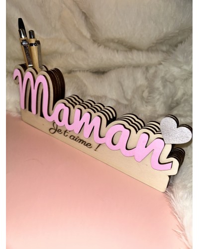 Support photo et pot à crayons en bois « Maman je t’aime » – Décoration personnalisée