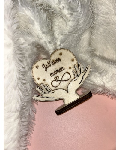 Mini décoration en bois « Je t’aime maman » – Support cœur gravé à poser