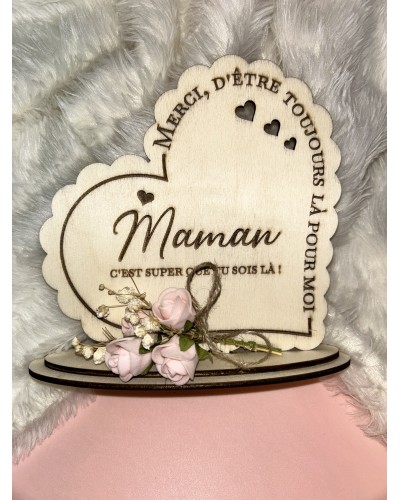 Plaque décorative en bois « merci maman » - avec fleurs décoratives